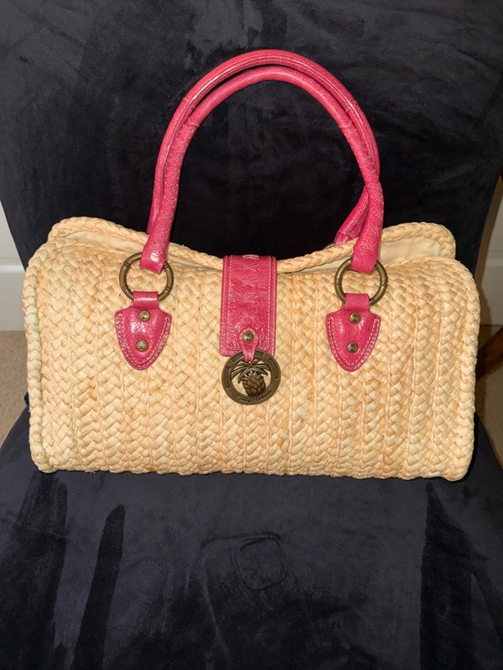 Tommy Bahama Straw Tote with Pink Leather Trim and Medallion - Picture 2 of 16